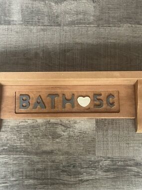 Vintage Handmade Bathroom Wooden Wall Shelf 'Bath 5 Cents' Rustic Country Cabin